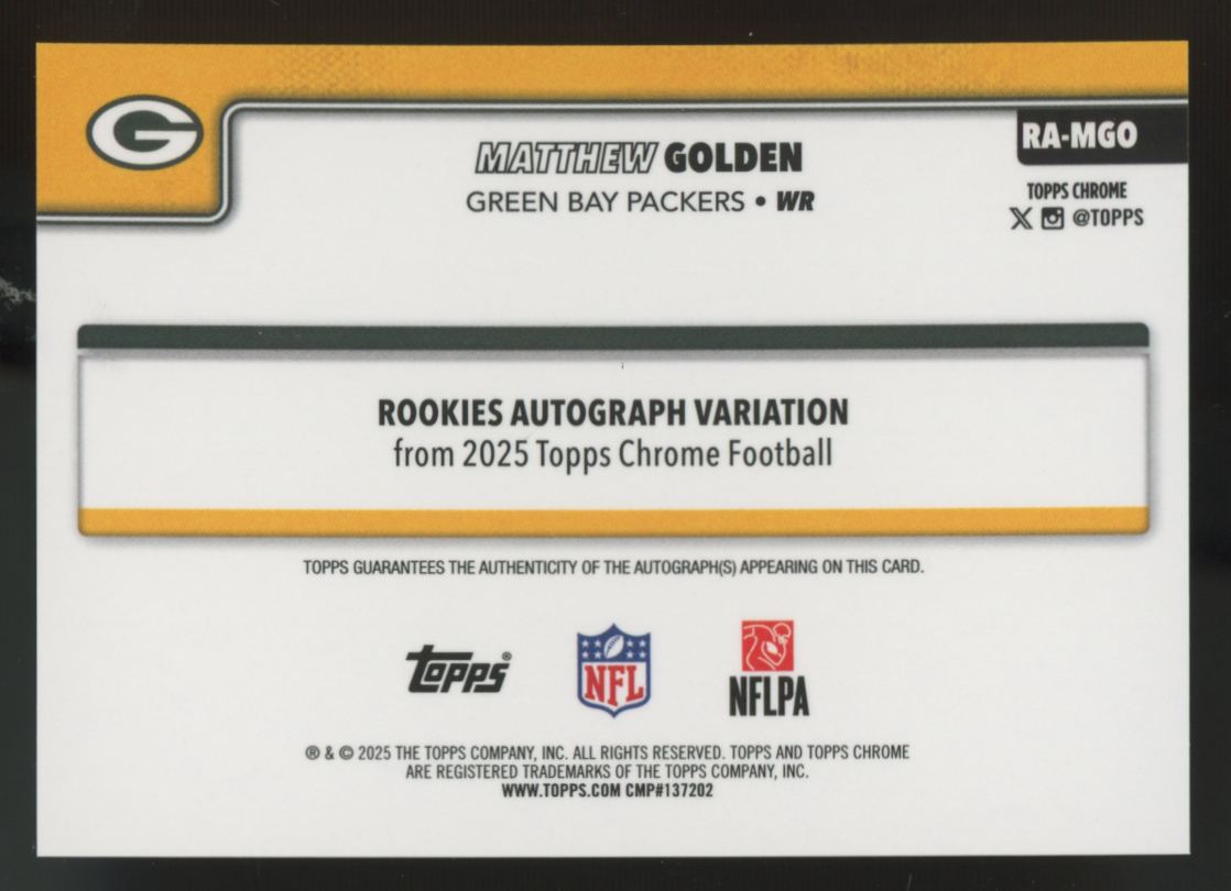 2025 Topps Chrome Matthew Golden RC Magenta Lava Auto Refractor /399 #RA-MGO