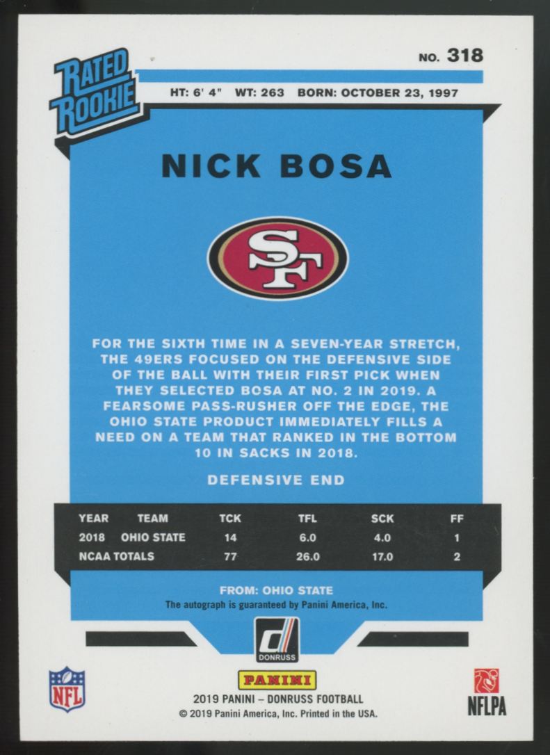 2019 Panini Donruss Nick Bosa RC Green Rated Rookie Auto #318