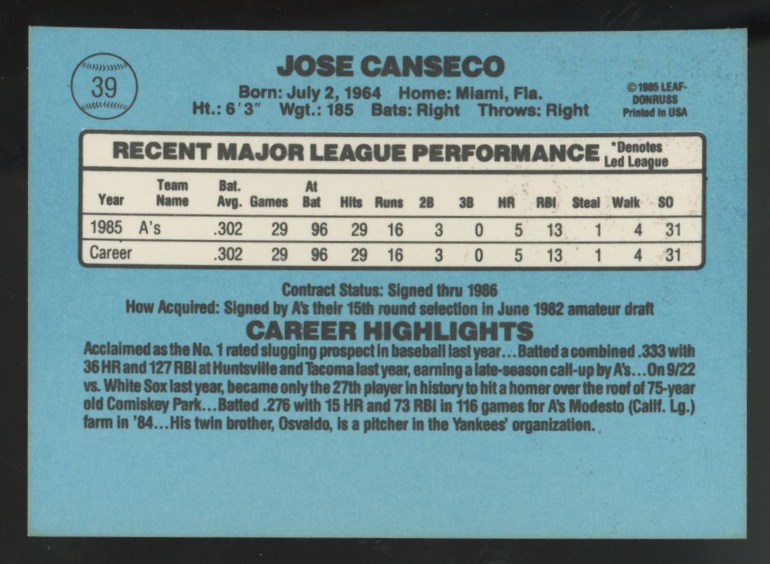 1986 Donruss Jose Canseco RC Rated Rookie #39 NM-MT