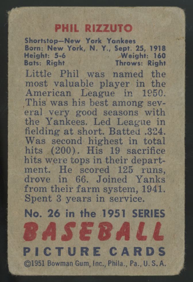 1951 Bowman Phil Rizzuto Picture Card #26 Poor "A"