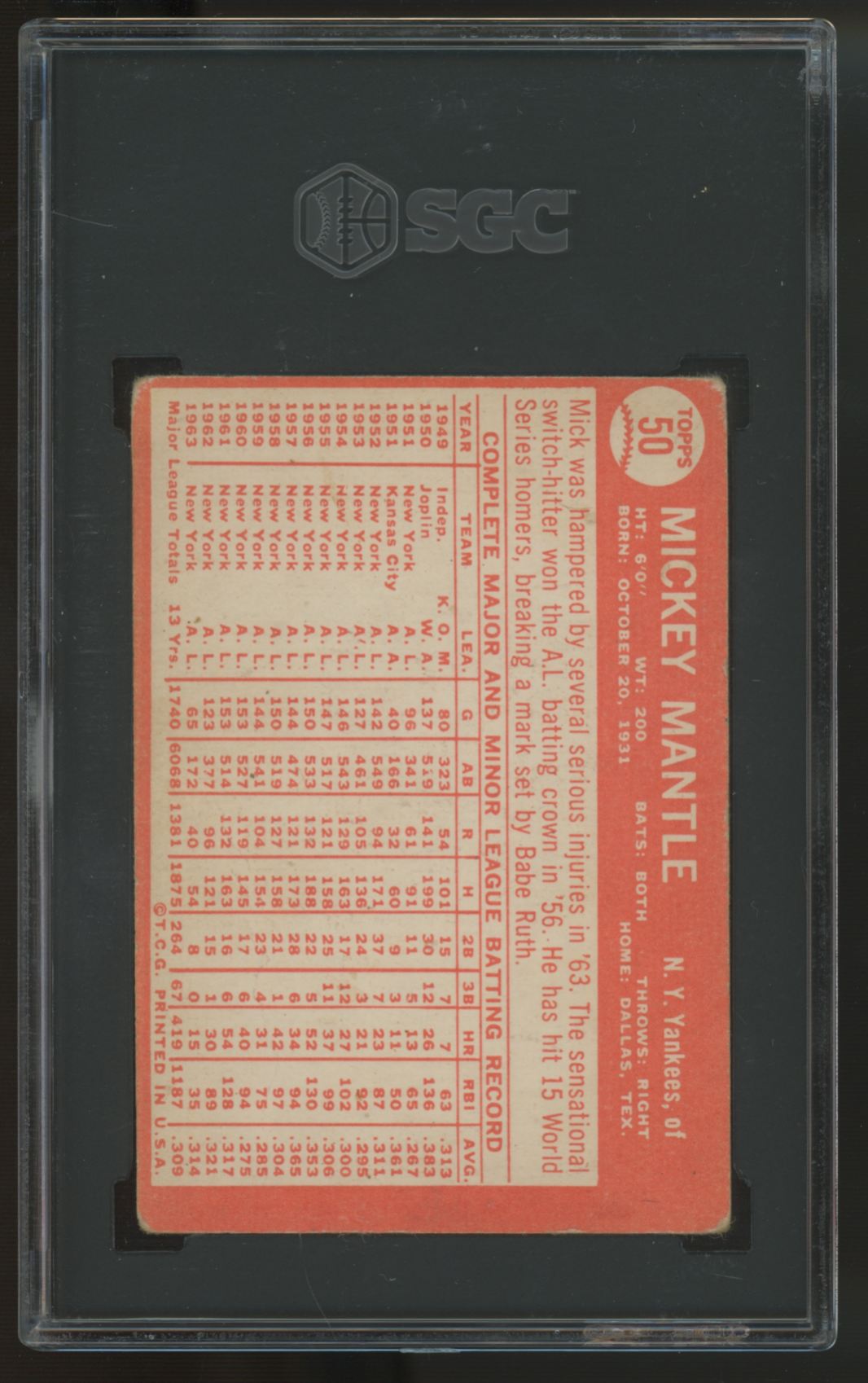1964 Topps Mickey Mantle #50 SGC 2 *114