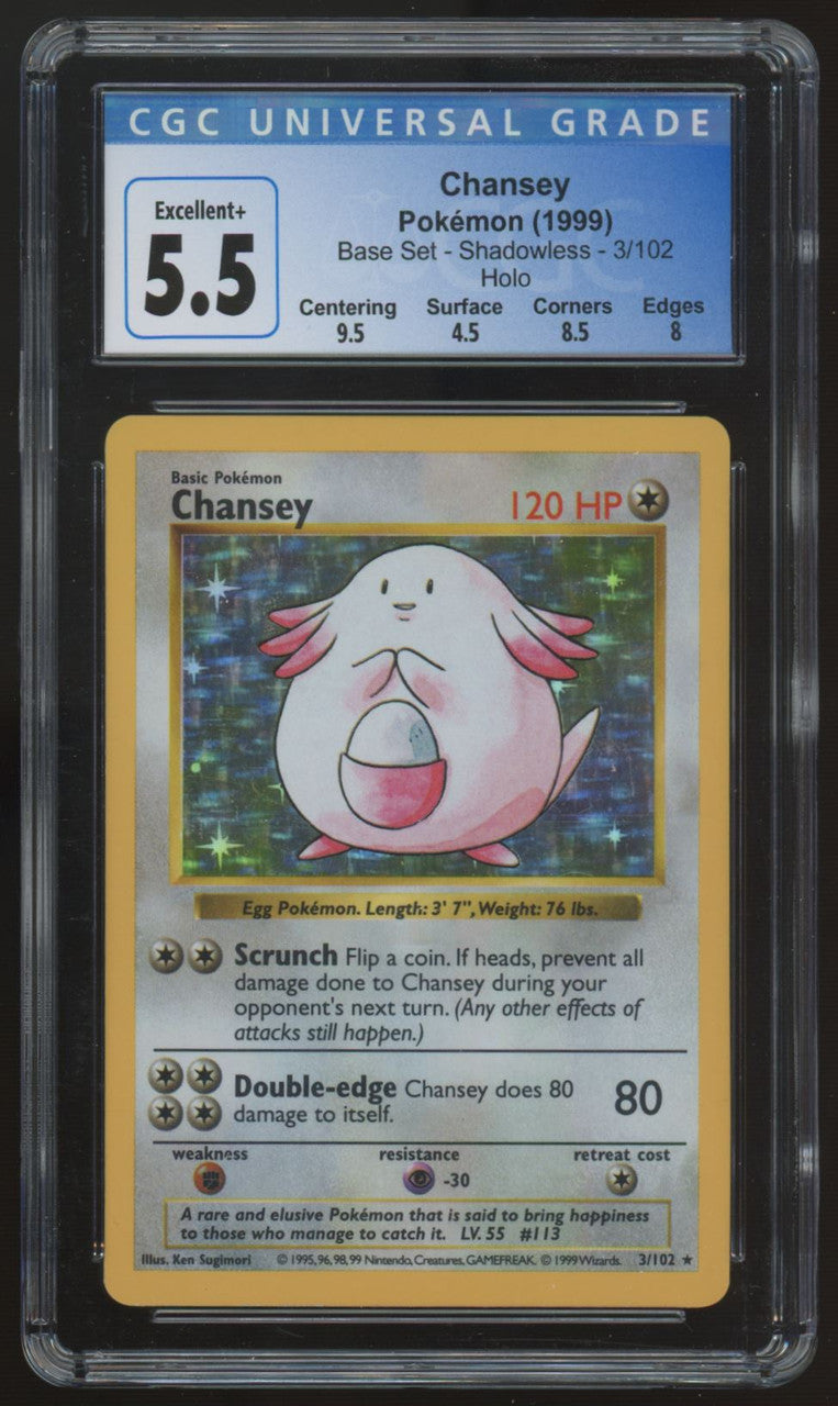 1999 Pokemon Chansey Base Set Unlimited Shadowless Holo #3 CGC 5.5