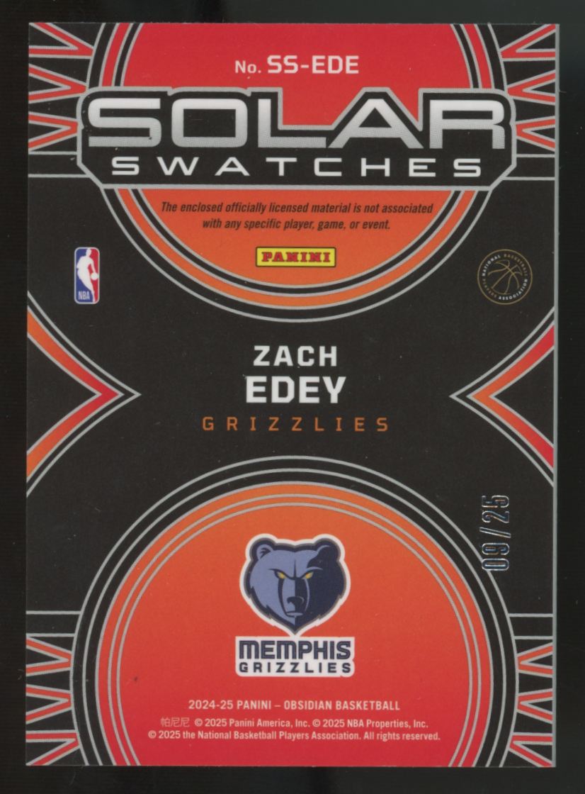 2024-25 Obsidian Zach Edey RC Electric Etch Jade Flood Solar Swatches Patch /25
