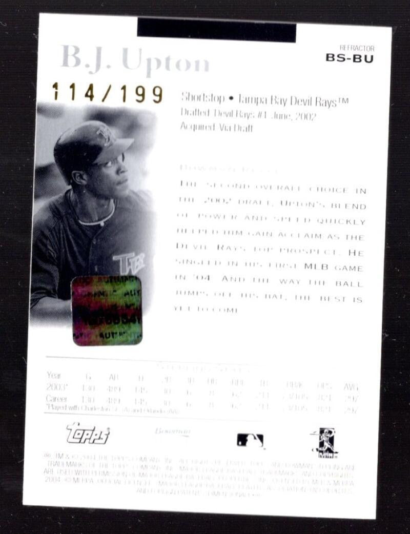 2007 Bowman Sterling Refractors #BU B.J. Upton Auto Bat #114/199 Tampa Bay Devil Rays