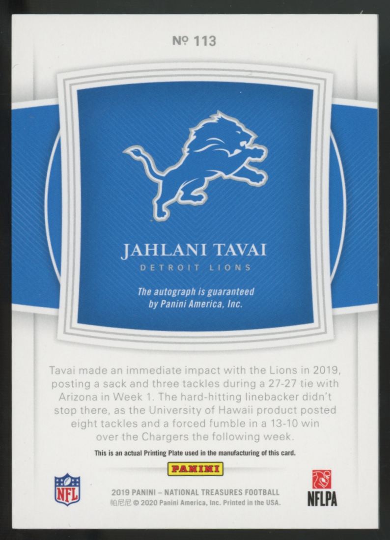 2019 Panini National Treasures Jahlani Tavai RC Emerald Auto /5 #113