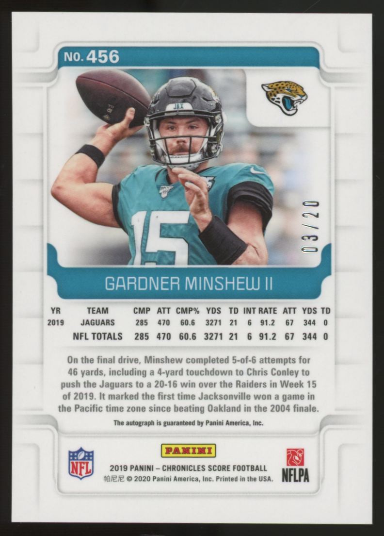 2019 Panini Score Gardner Minshew RC Red Zone Auto /20 #456