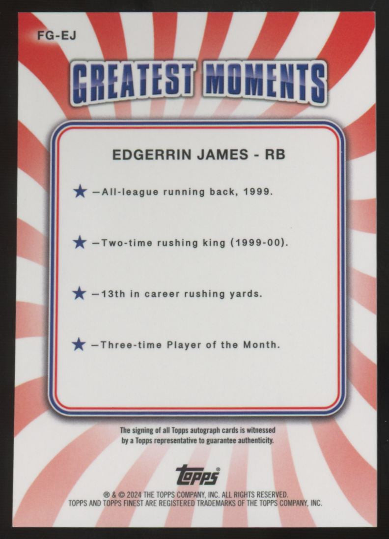 2024 Topps Finest Edgerrin James Finest Greats Blue Checkerboard Auto /99 #FG-EJ