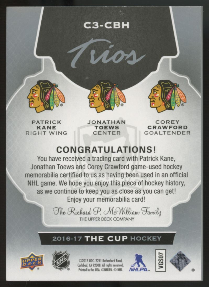 2016-17 Upper Deck The Cup Kane/Toews/Crawford Triple Patch /25 #C3-CBH