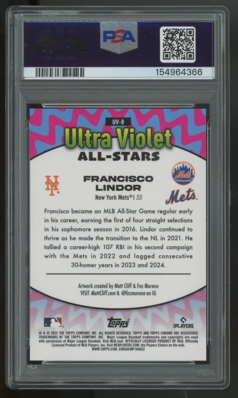 2025 Topps Chrome Francisco Lindor Ultra Violet Green Refractor /99 PSA 10