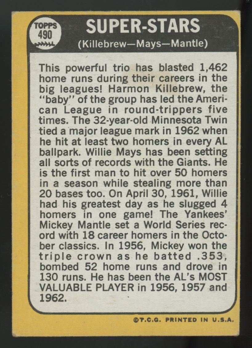 1968 Topps Harmon Killebrew/ Willie Mays/ Mickey Mantle Super Stars #490 VG/EX