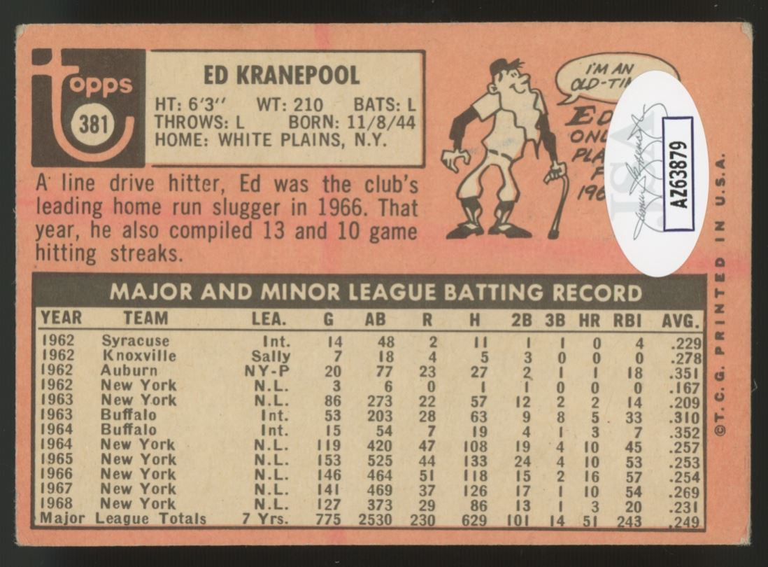 1969 Topps Ed Kranepool #381 Signed Auto JSA
