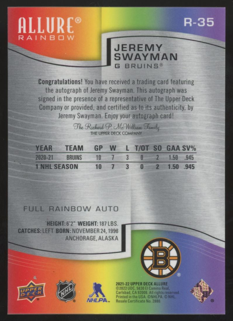 2021-22 Allure Jeremy Swayman Full Rainbow Auto #R-35