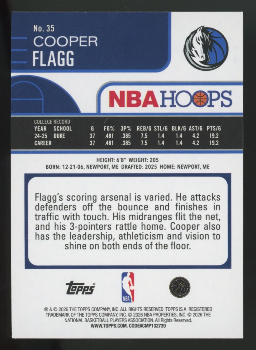 2025-26 Topps NBA Hoops Cooper Flagg RC Green Foil #35