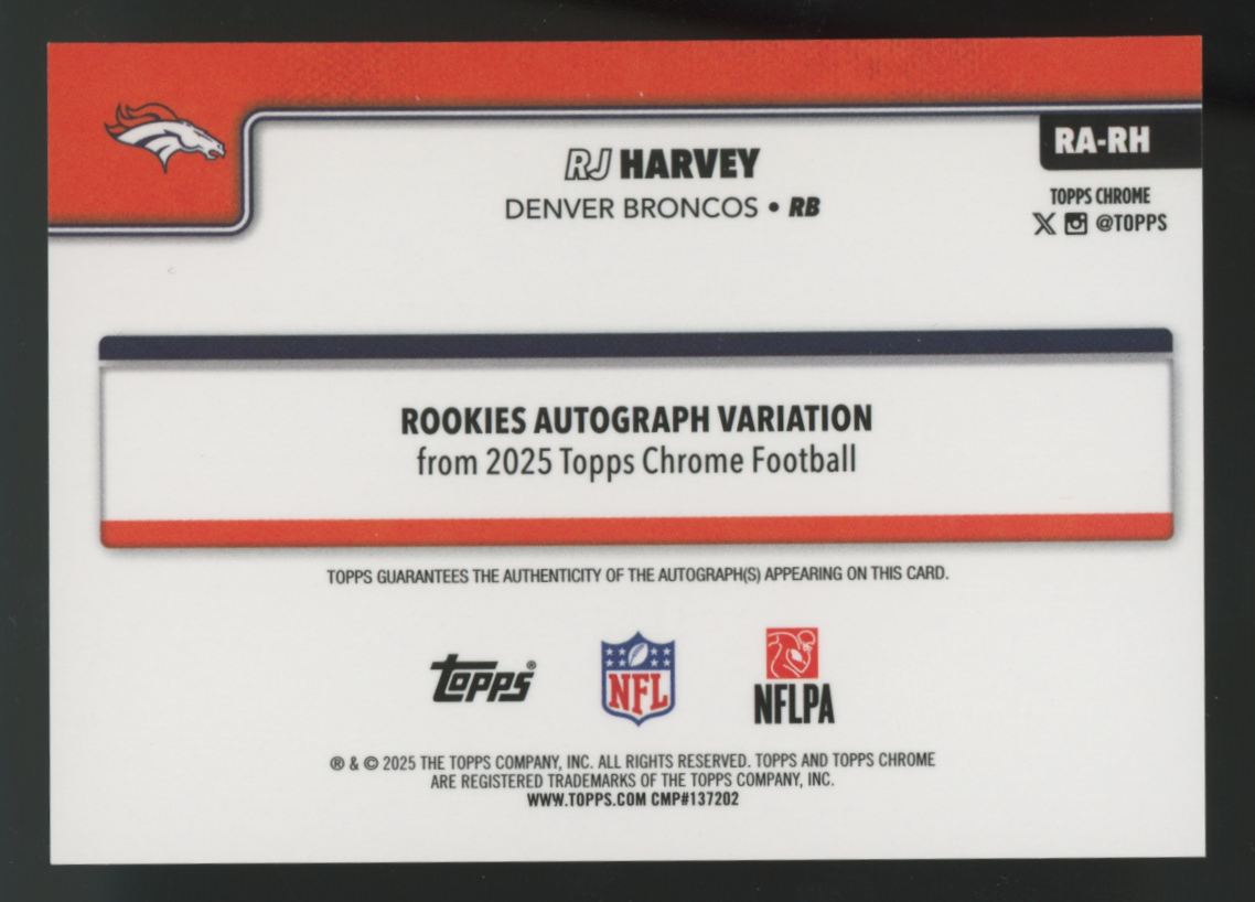 2025 Topps Chrome RJ Harvey RC Aqua Lava Refractor Auto /199 #RA-RH
