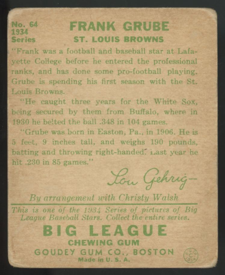 1934 Goudey Frank Grube Big League Gum #64 Poor