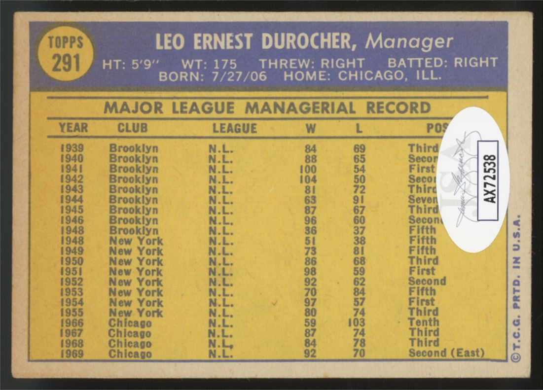 1970 Topps Leo Durocher #291 Signed Autographed Card JSA