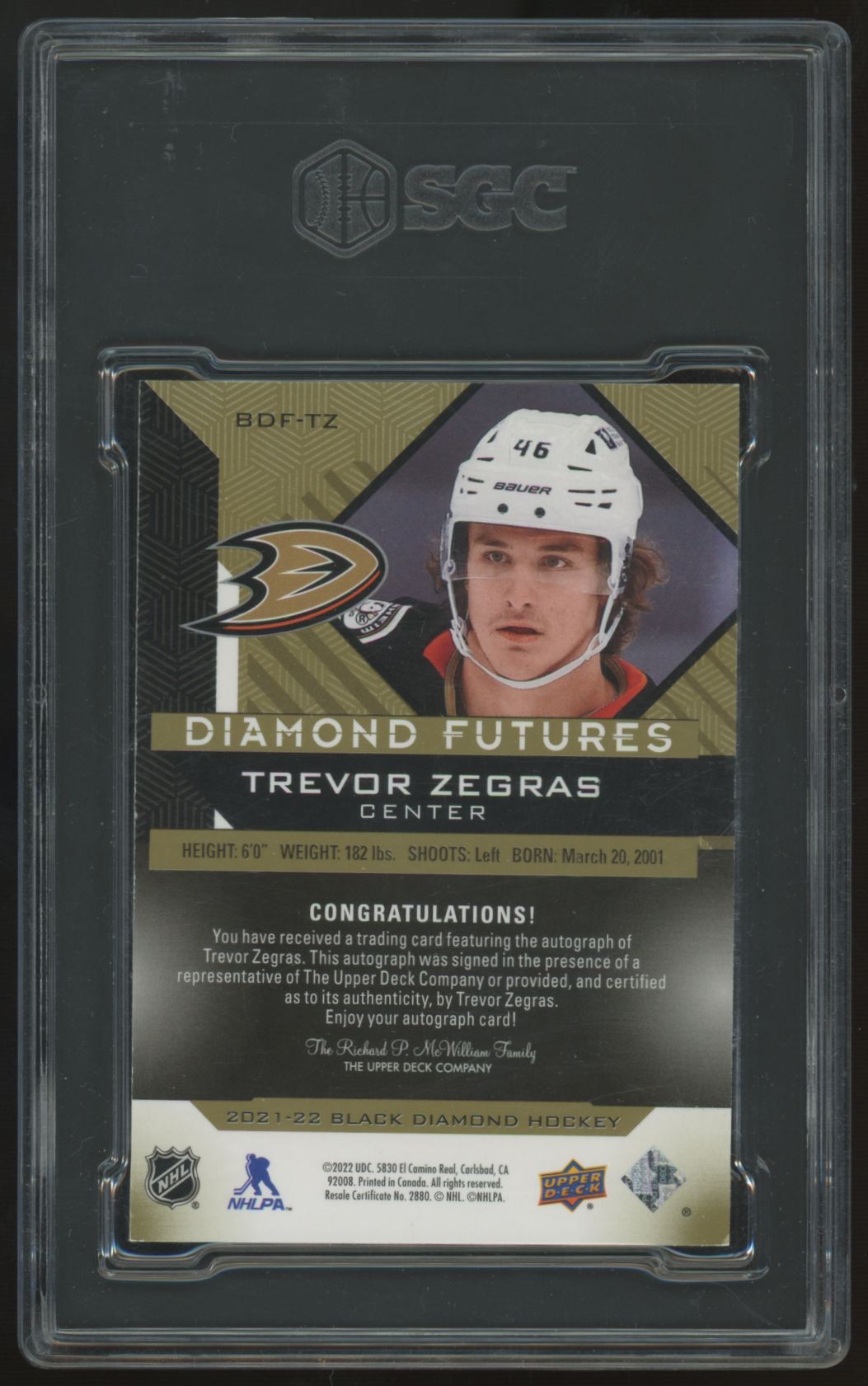 2021-22 UD Black Diamond Trevor Zegras RC Futures Auto /49 #BDF-TZ SGC 9.5