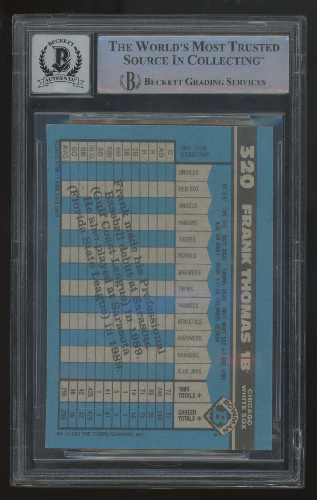 1990 Bowman Frank Thomas RC Signed Auto #320 BGS Authentic Auto 10