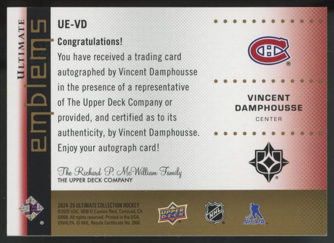 2024-25 Ultimate Collection Vincent Damphousse Gold Emblems Auto /49 #UE-VD