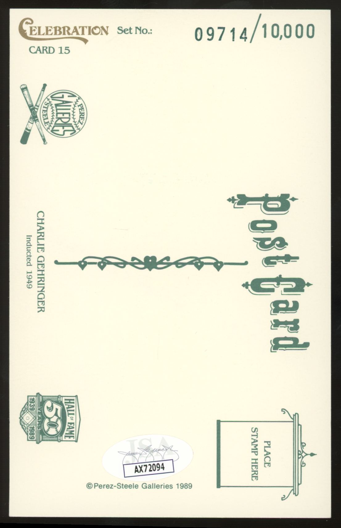 1989 Perez Steele Charlie Gehringer Signed Auto Post Card /10000 JSA Authentic