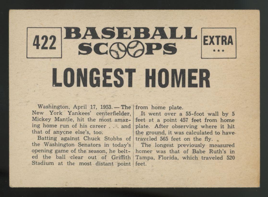 1961 Nu-Card Scoops Mickey Mantle Longest Homer #422 EX