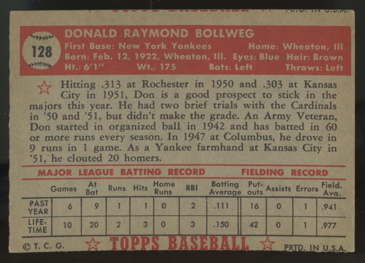 1952 Topps Don Bollweg RC #128 Good