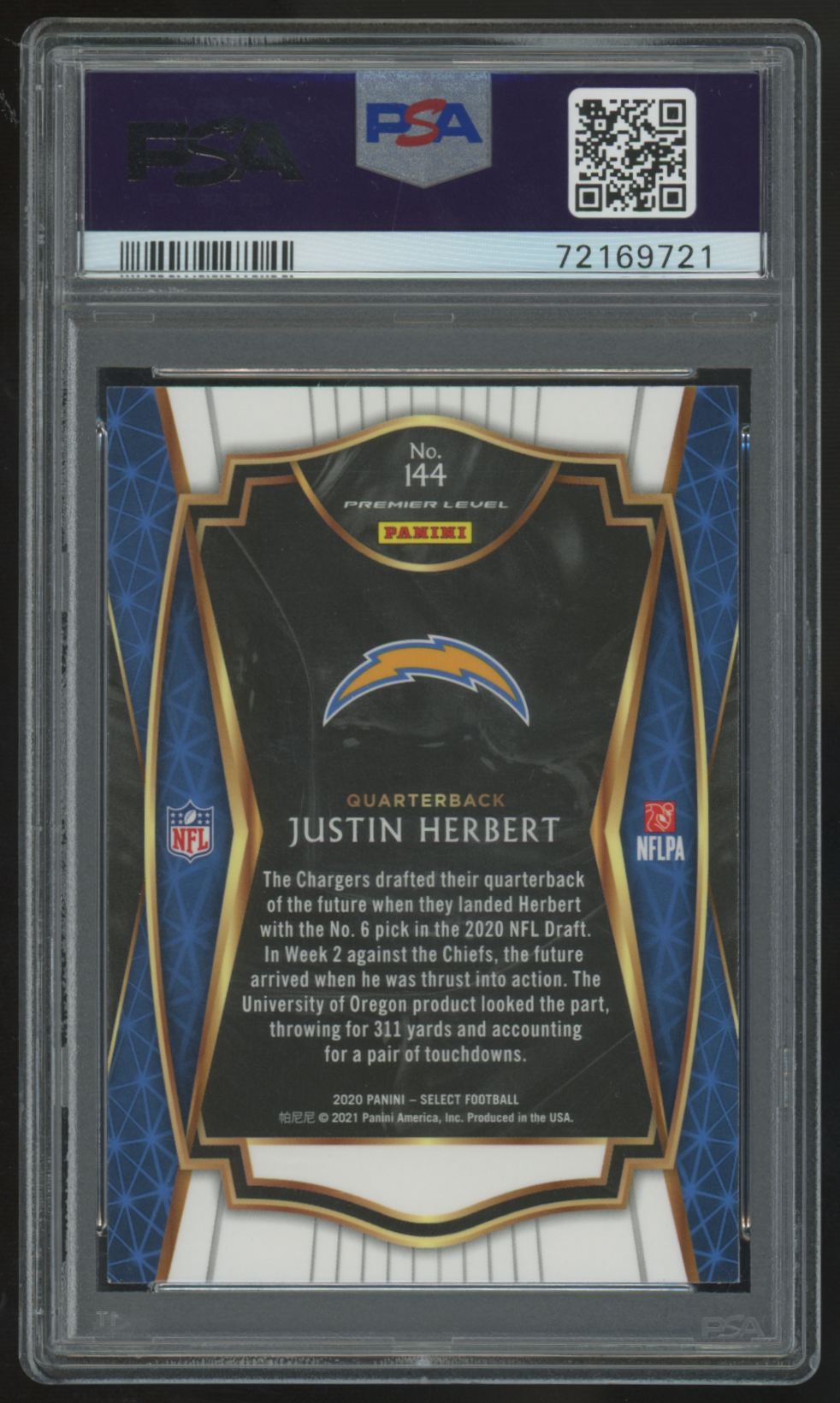 2020 Panini Select Justin Herbert RC Premier Level #144 PSA 10