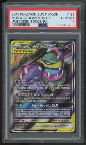 2019 Pokemon Muk & Alolan Muk GX Unbroken Bonds Full Art #197 PSA 10