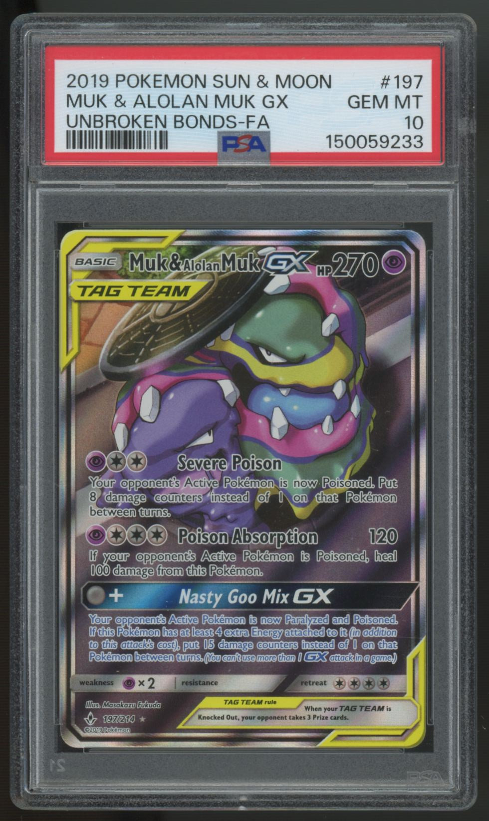 2019 Pokemon Muk & Alolan Muk GX Unbroken Bonds Full Art #197 PSA 10