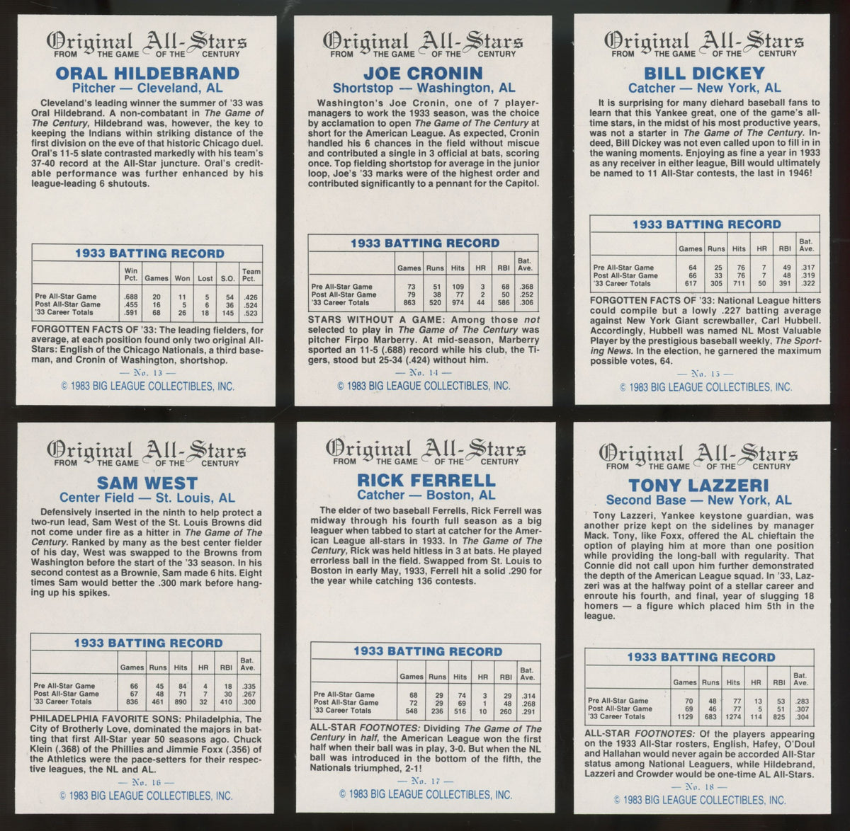 1983 Big League Collectibles Original All Stars Baseball Complete Set (40/40)
