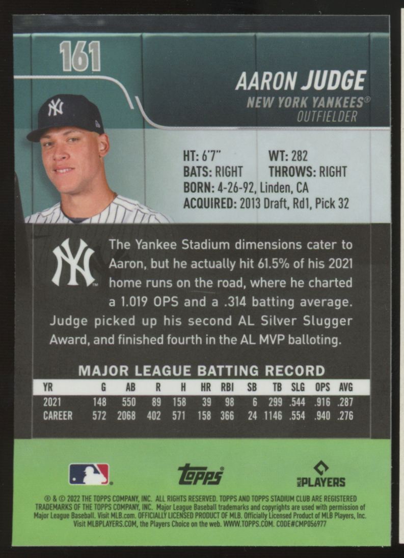 2022 Topps Stadium Club Chrome Aaron Judge X-Fractor #161