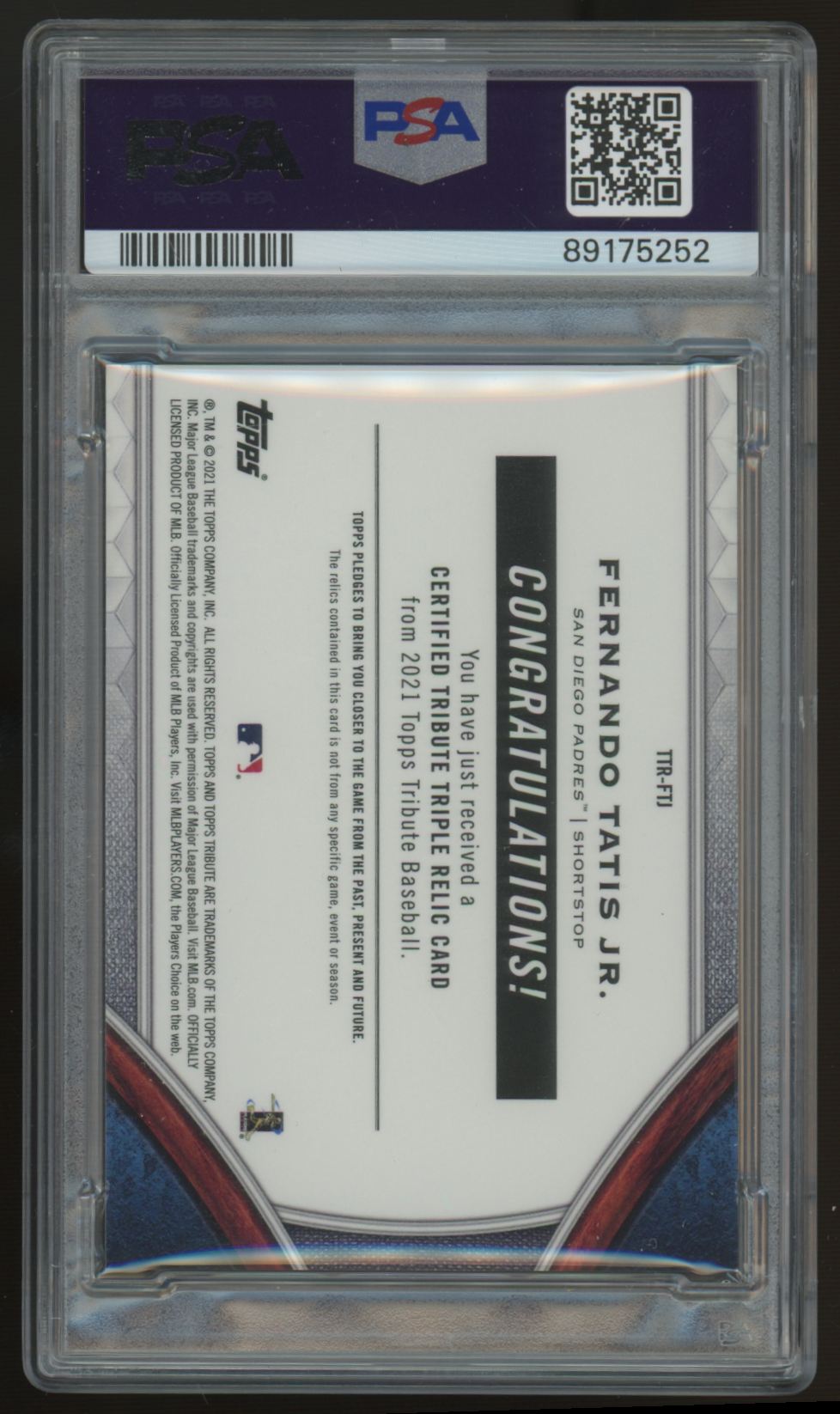 2021 Topps Tribute Fernando Tatis Jr. Triple Relic /150 #TTR-FTJ PSA 9