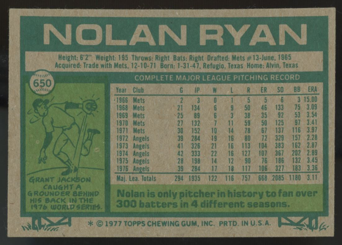 1977 Topps Nolan Ryan #650 VG/EX (Wrinkle)