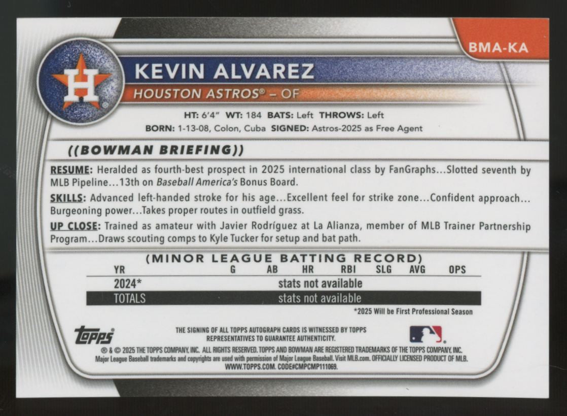 2025 Bowman Chrome Mega Kevin Alvarez Prospect Auto Blue Mojo /150 #BMA-KA