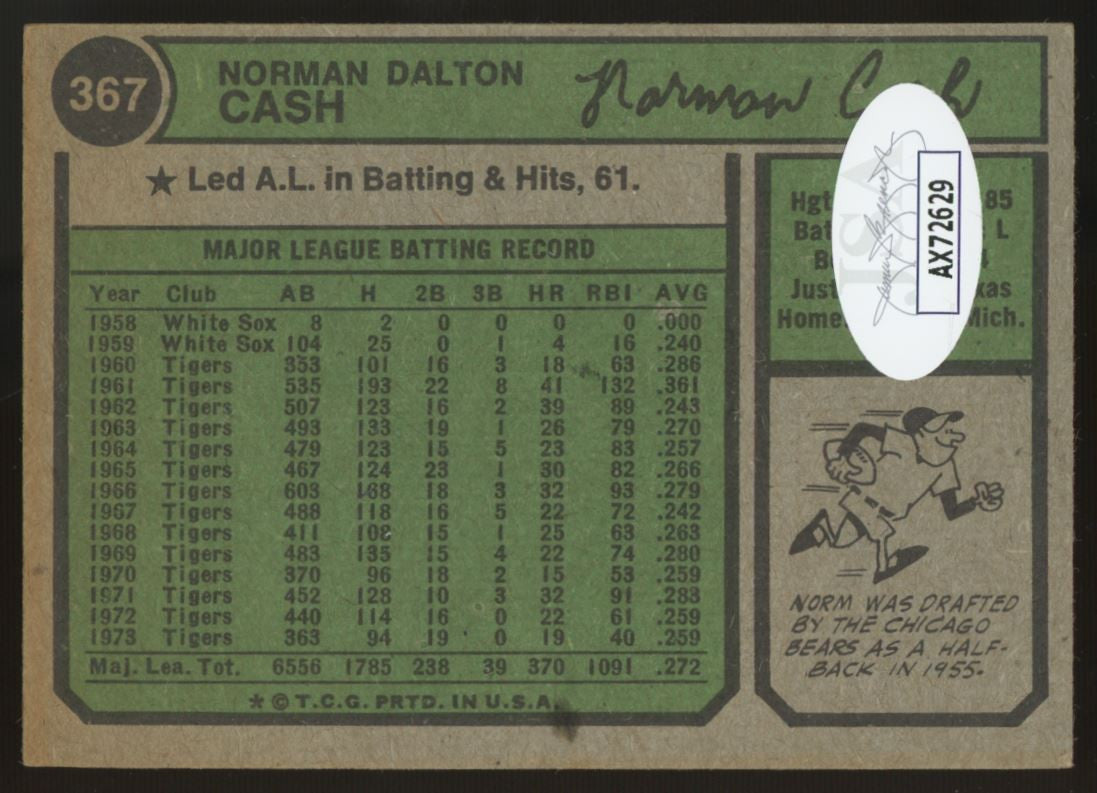 1974 Topps Norm Cash #367 Signed Auto JSA