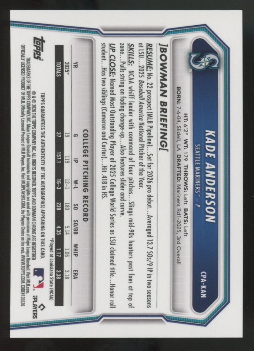 2026 Bowman Chrome Kade Anderson Green Shimmer Refractor Auto /99 #CPA-KAN