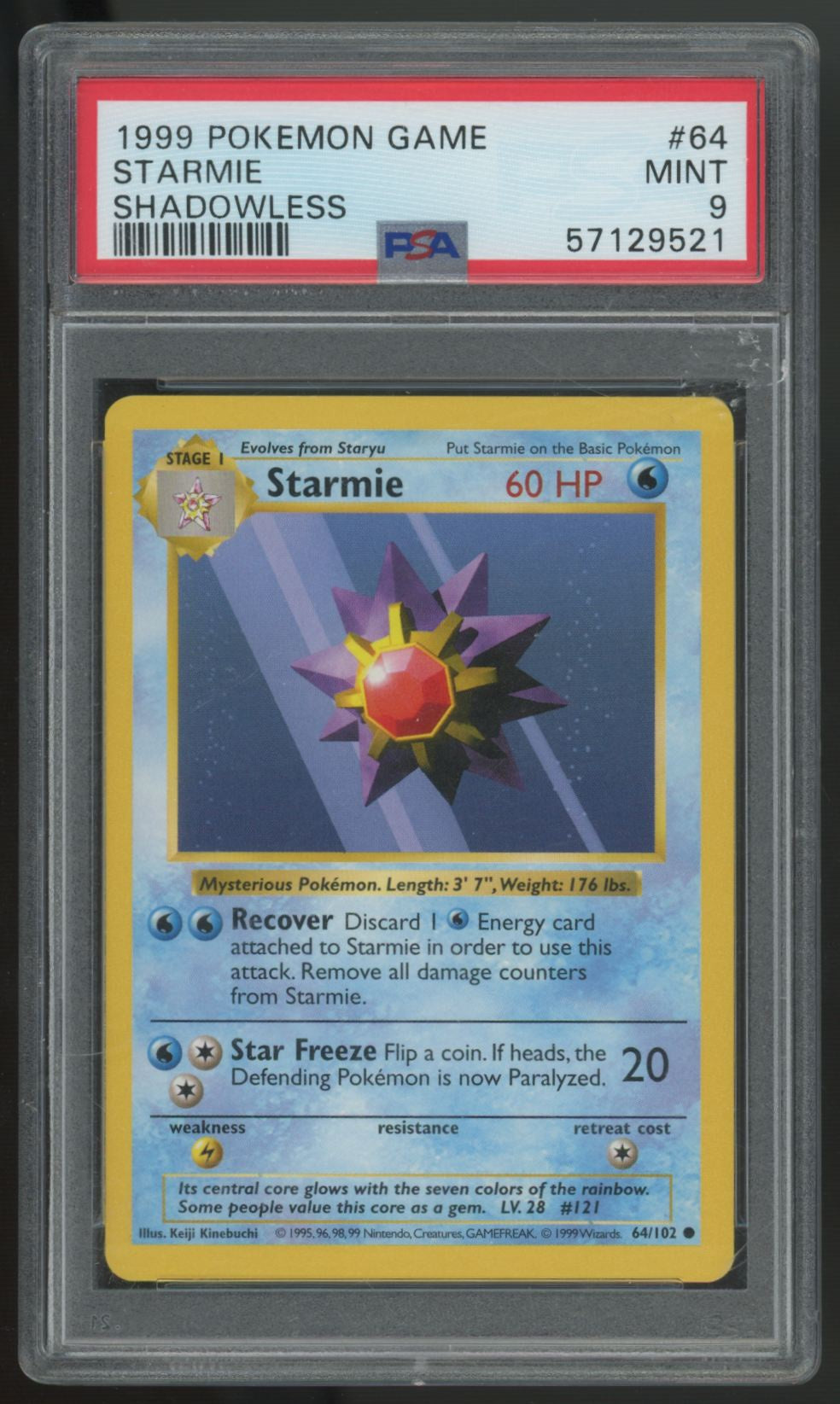 1999 Pokemon Starmie Base Set Shadowless #64 PSA 9