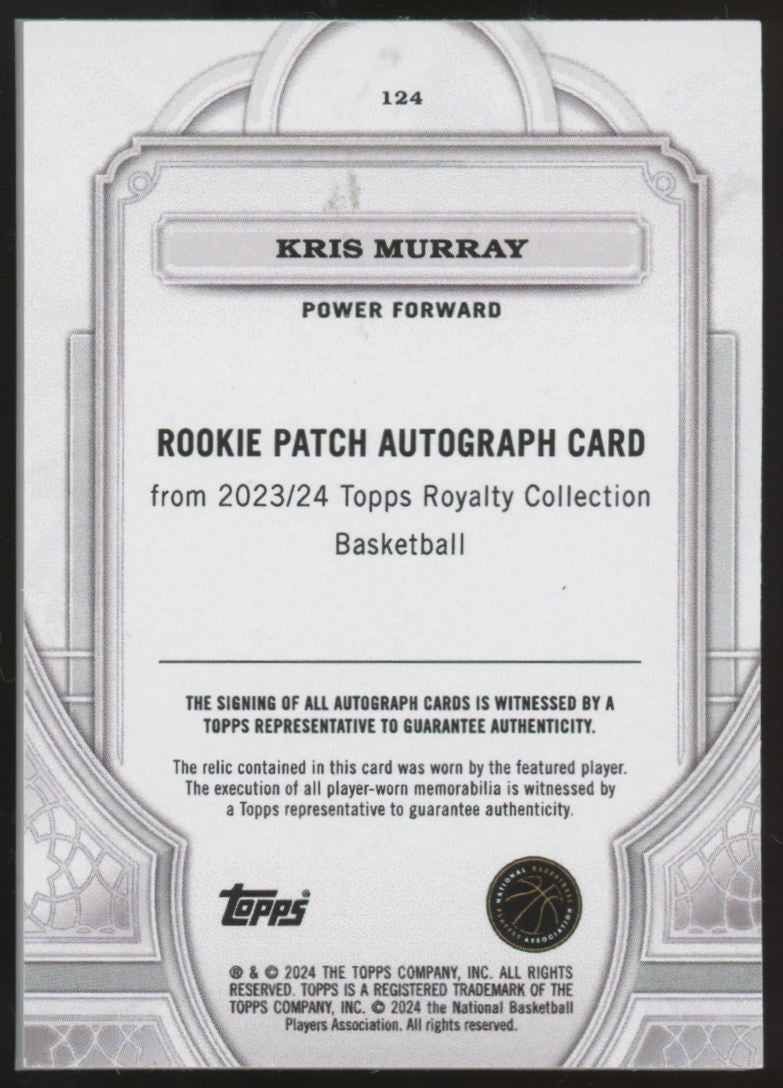 2023-24 Topps Royalty Kris Murray RC Patch Auto RPA /99 #124