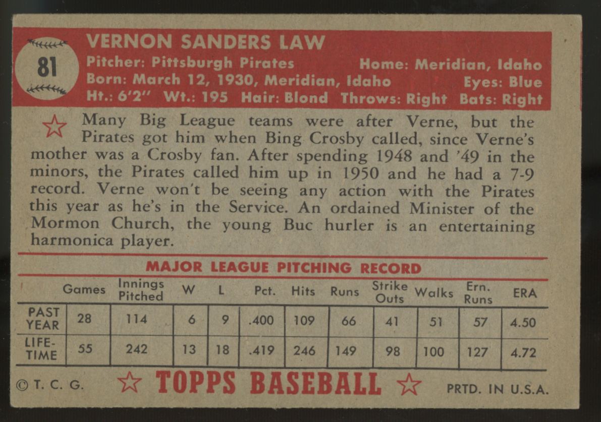 1952 Topps Vernon Law #81 EX
