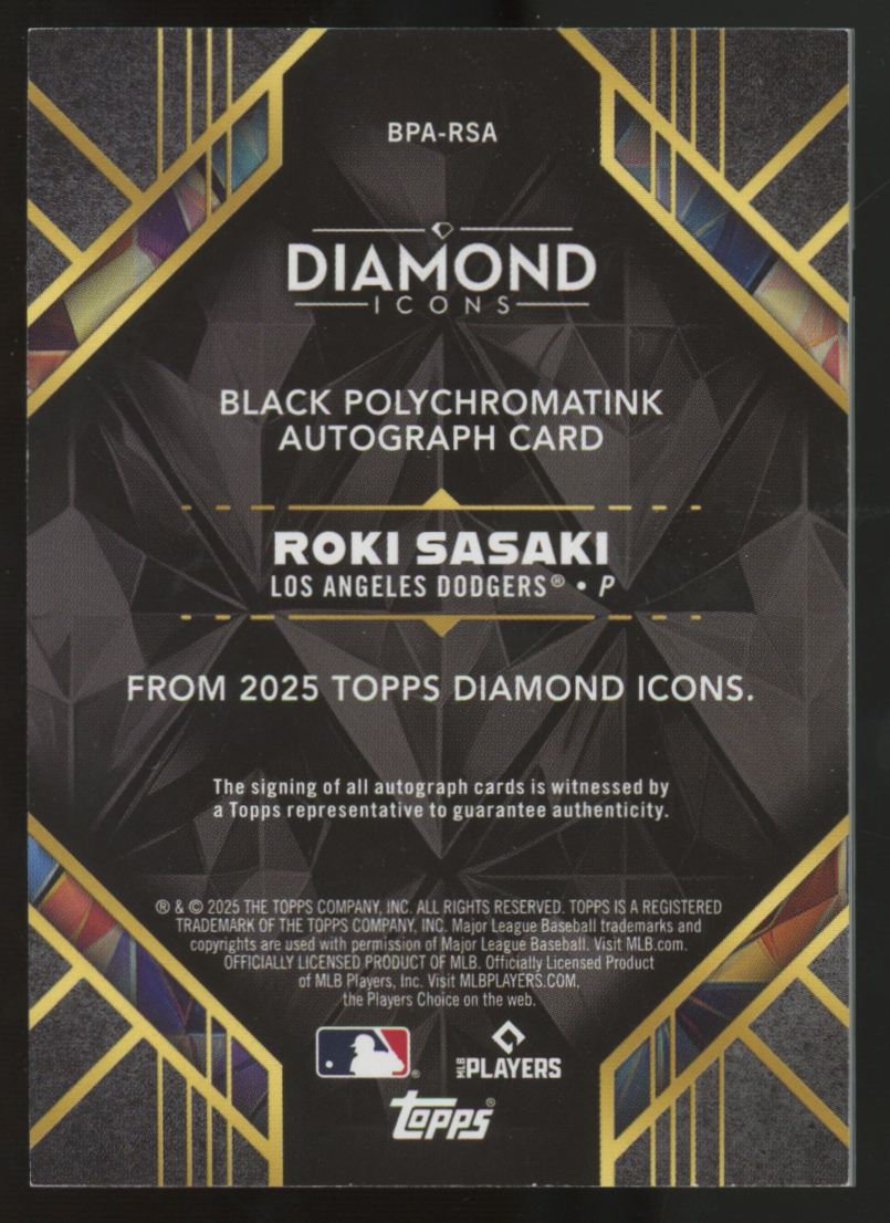 2025 Topps Diamond Icons Roki Sasaki RC Black Polychromatink Auto Silver Ink /15