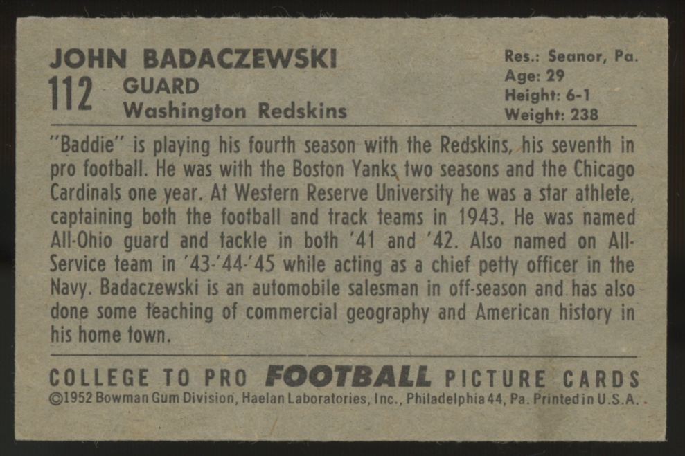 1952 Bowman John Badaczewski #112 EX-MT