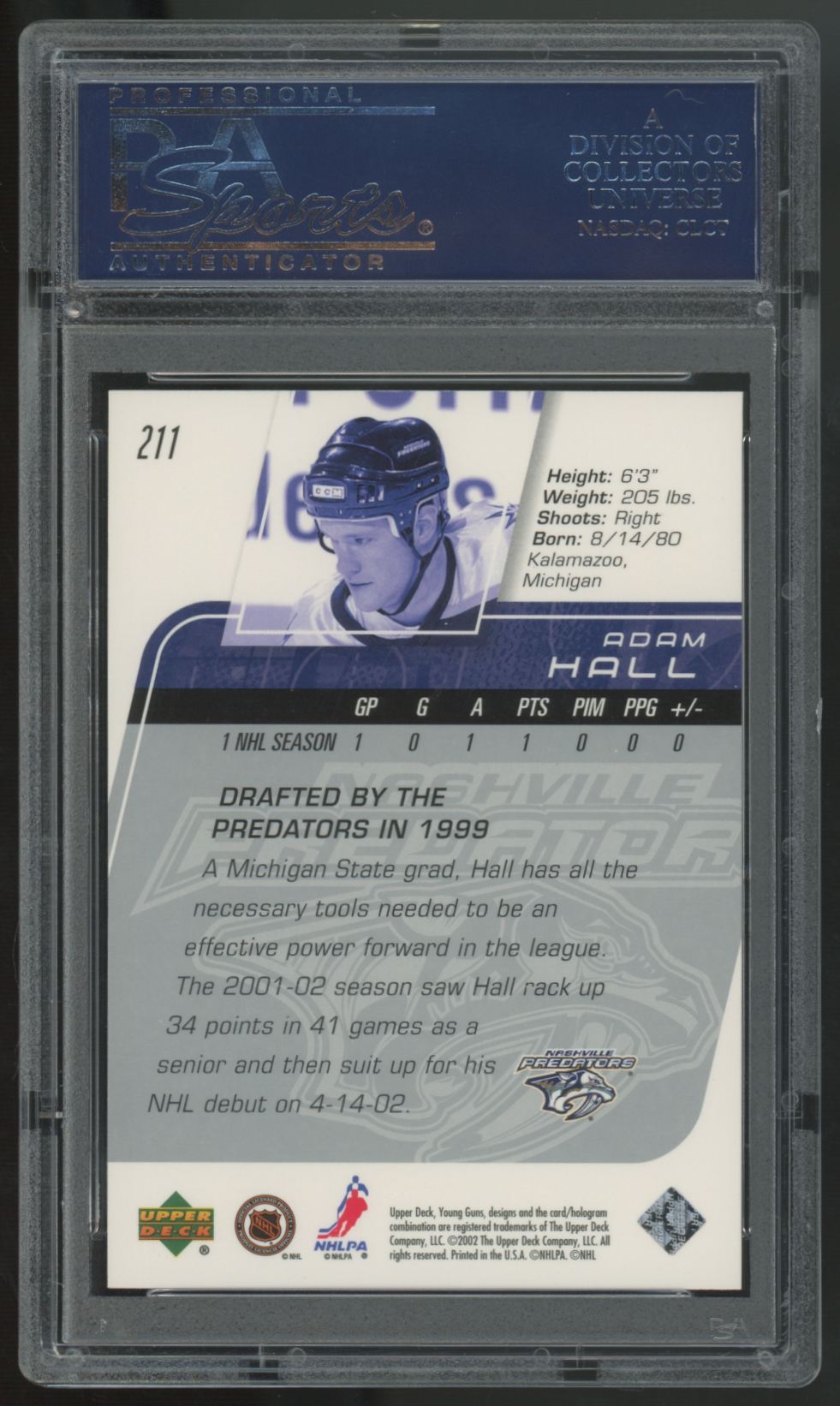 2002-03 Upper Deck Adam Hall RC Young Guns #211 PSA 10