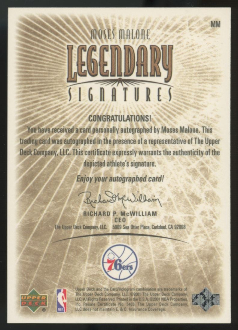 2000-01 Upper Deck NBA Legends Moses Malone Legendary Auto #MM