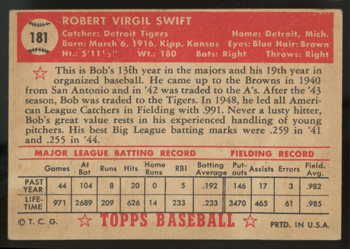1952 Topps Bob Swift #181 VG