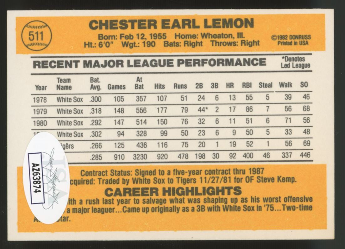 1983 Donruss Chet Lemon #511 Signed Auto JSA