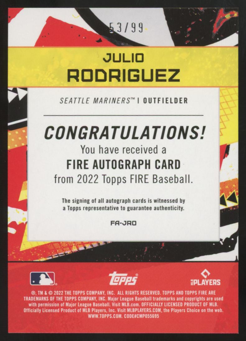 2022 Topps Fire Julio Rodriguez RC Orange Fire Auto /99 #FA-JRD