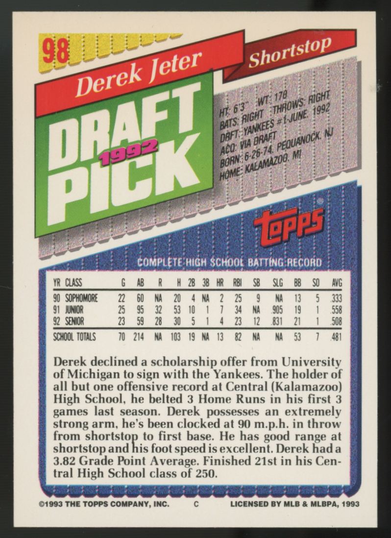 1993 Topps Gold Derek Jeter RC 1992 Draft Pick #98