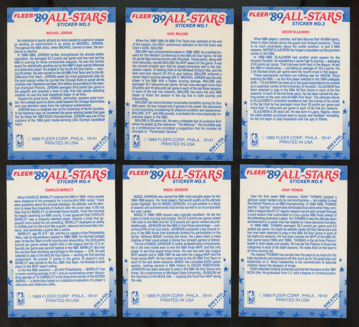 1989-90 Fleer Basketball Stickers Complete Set (11/11) NM