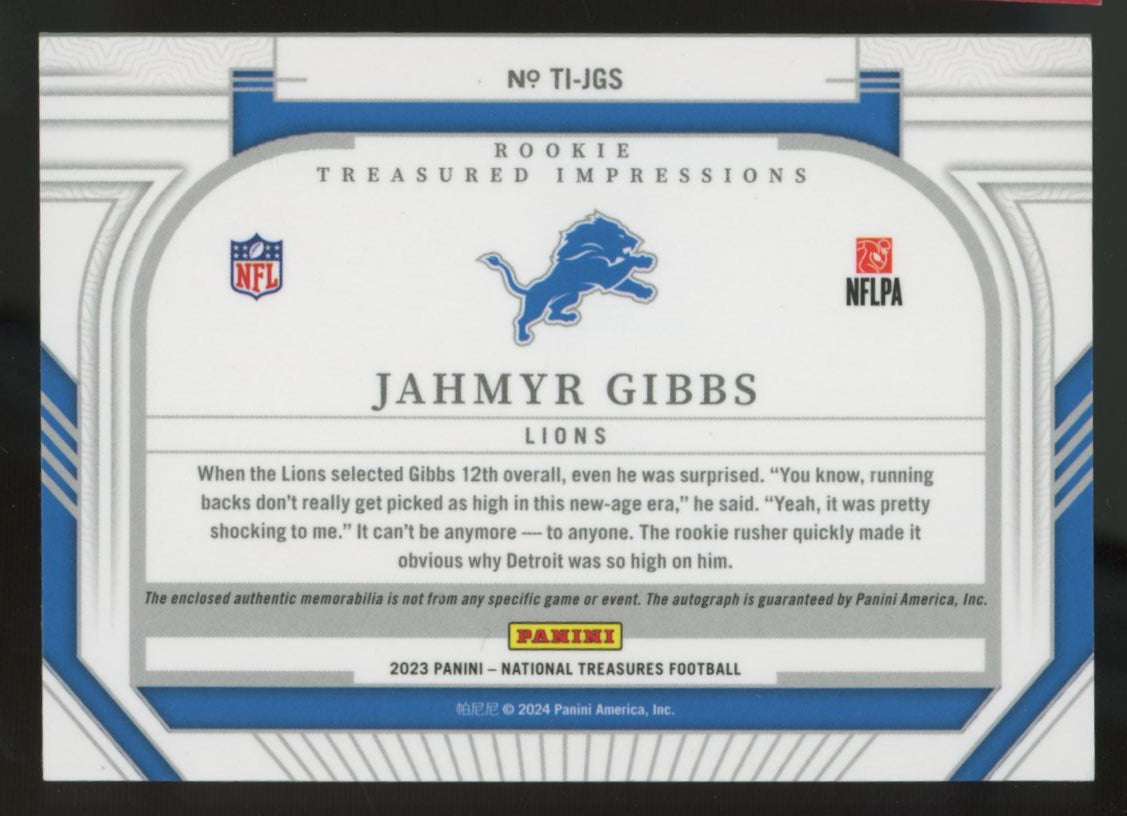 2023 National Treasures Jahmyr Gibbs RC Treasured Impressions Patch Auto RPA /99