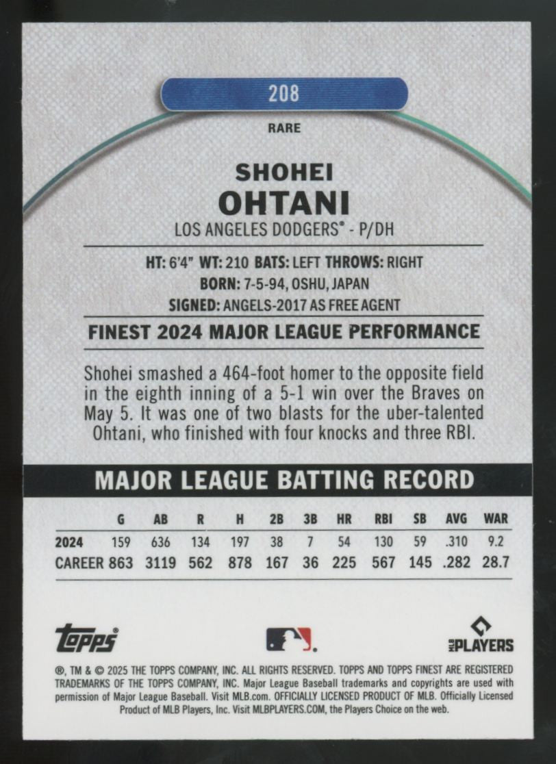 2025 Topps Finest Shohei Ohtani Rare Purple Refractor /125 #208